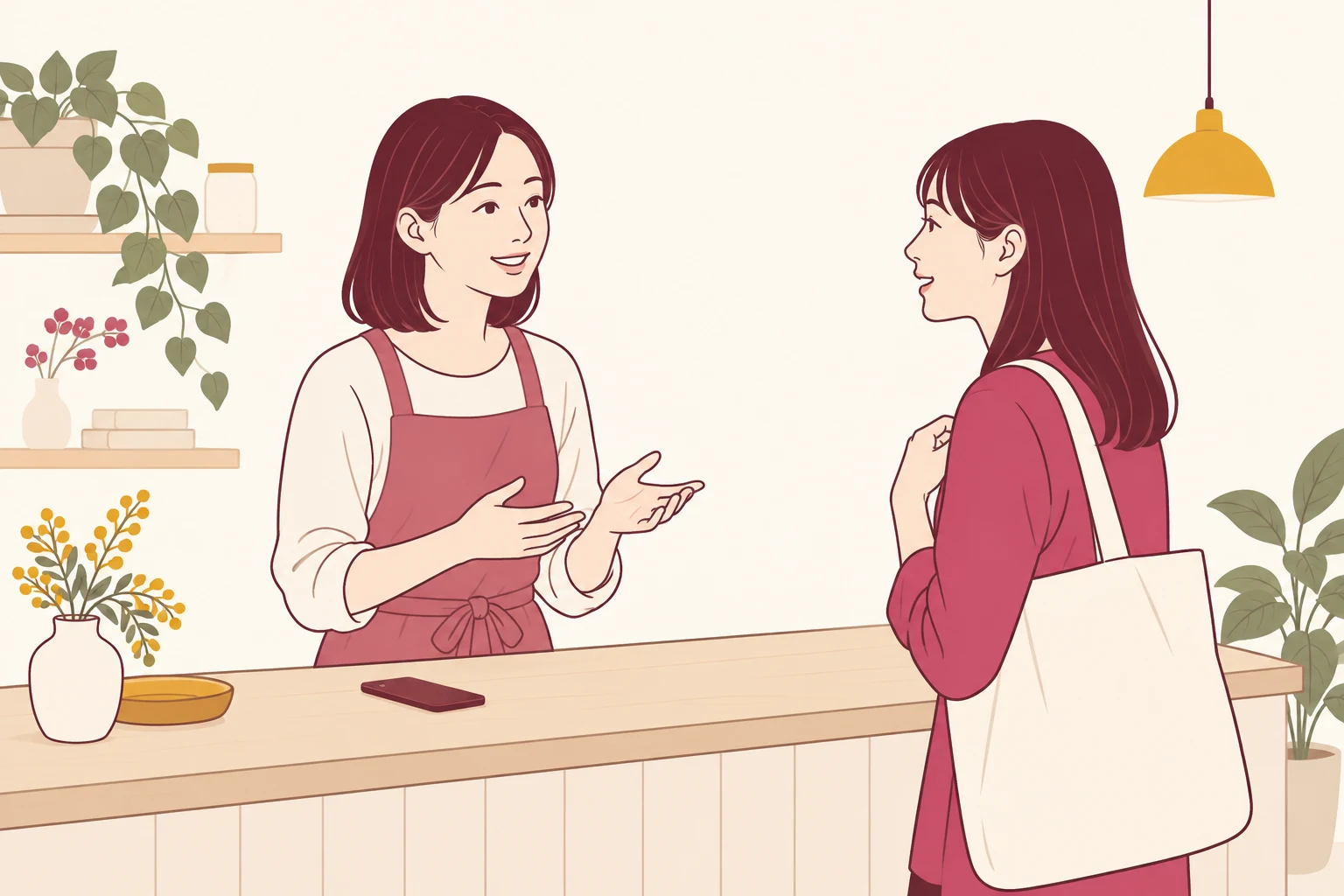 決まった質問への返事と、その先の案内を仕組みに。を表す線画イラスト